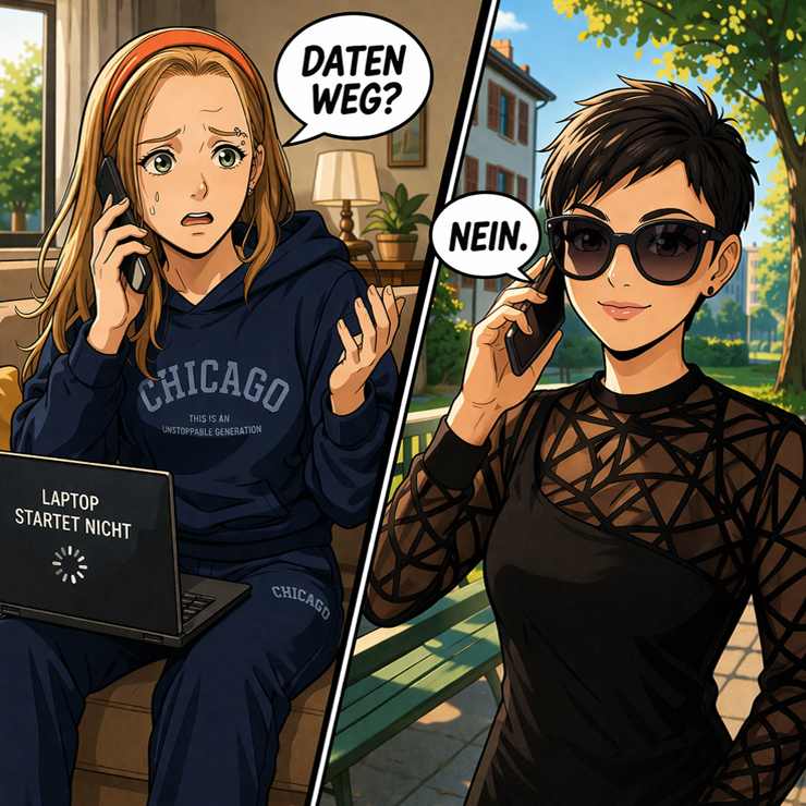 Verzweifelte Kundin mit SMART Error 301 – Computerheld Linz beruhigt und rettet Daten Das Symbolbild ist in zwei klar getrennte Hälften aufgeteilt – und erzählt auf einen Blick genau die Geschichte, die sich tagtäglich bei Computerheld Linz abspielt. Auf der linken Seite sitzt Martina Wohland mit Anfang 30 in ihrer Wohnung. Die Szene wirkt vertraut und alltäglich: ein Sofa, ein Laptop auf den Knien, gedämpftes Licht im Hintergrund. Doch die Stimmung ist alles andere als ruhig. Martina ist sichtbar aufgelöst. Tränen laufen ihr über das Gesicht, ihre Stirn ist angespannt, die Augen weit geöffnet vor Angst. In der einen Hand hält sie ihr Smartphone, mit der anderen gestikuliert sie hilflos in der Luft. Vor ihr auf dem Laptop ist klar erkennbar: Das Gerät startet nicht mehr. Statt Zugriff auf ihre Daten bekommt sie nur noch eine Fehlermeldung – sinnbildlich für den bekannten SMART Error 301, der einen bevorstehenden Festplattenausfall signalisiert. Für sie bedeutet dieser Moment mehr als nur ein technisches Problem. Auf diesem Gerät befinden sich Fotos aus über 20 Jahren, Erinnerungen, Videos von geliebten Menschen – vielleicht sogar von Verstorbenen –, wichtige Dokumente, ihr digitales Leben. Und jetzt scheint alles unerreichbar. In ihrer Gedankenwelt läuft nur noch ein einziger Satz in Dauerschleife: „Sind meine Daten weg?“ Diese Mischung aus Hilflosigkeit, Angst und Kontrollverlust ist greifbar. Es ist genau dieser Moment, in dem Menschen nicht mehr rational denken – sondern emotional reagieren. Auf der rechten Seite des Bildes steht im starken Kontrast dazu Veronika Helga Vetter, die Inhaberin von Computerheld Linz. Sie befindet sich im Freien, entspannt, aufrecht, mit einem ruhigen und souveränen Auftreten. Schwarze Kleidung, Sonnenbrille – ein bewusst cooles, kontrolliertes Erscheinungsbild. In der Hand ebenfalls ein Smartphone. Während die Kundin links emotional zusammenbricht, strahlt Veronika rechts Ruhe und Kompetenz aus. Ihre Antwort ist kurz, klar und wirkt wie ein Anker in der Situation: „Nein.“ Kein Fachchinesisch, keine komplizierten Erklärungen – einfach eine klare Botschaft: Die Daten sind nicht verloren. Im übertragenen Sinn zeigt die rechte Bildhälfte nicht nur eine Person, sondern eine Lösung. Jemand, der die Situation versteht, einordnet und weiß, was zu tun ist. Die Szene steht außerdem für eine wichtige Entscheidung im weiteren Verlauf: Obwohl Computerheld Linz eigentlich als Vor-Ort-Service arbeitet, wird hier bewusst eine Ausnahme gemacht. Der Zustand der Festplatte – ein klassischer SMART-Fehler – deutet auf einen kritischen Hardwaredefekt hin. Eine Datenrettung unter solchen Bedingungen erfordert Zeit, Ruhe und ein kontrolliertes Umfeld. Vor Ort beim Kunden zu arbeiten würde nicht nur deutlich länger dauern, sondern auch das Risiko erhöhen, die Situation zu verschlimmern. Deshalb wird gemeinsam eine Lösung gefunden: Die Kundin vertraut Veronika ihr Gerät für kurze Zeit an, damit die Datenrettung unter optimalen Bedingungen und mit maximaler Sorgfalt durchgeführt werden kann. Das Bild bringt damit auf den Punkt, worum es in solchen Fällen wirklich geht: Nicht nur Technik – sondern Vertrauen, Einfühlungsvermögen und die Fähigkeit, in einem emotionalen Ausnahmezustand die Kontrolle zu übernehmen. März 2026