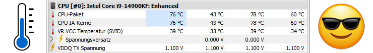 HWiNFO-Screenshot: i9-14900KF unter Volllast 76 °C (blau markiert), VR VCC 39 °C; blaues Thermometer und cooler Smiley mit Sonnenbrille – nach AiO-Tausch durch Computerheld Linz (Aug 2025) Der Screenshot zeigt erneut einen Ausschnitt aus HWiNFO Sensors mit dem Profil „CPU Intel Core i9-14900KF (Enhanced)“. Diesmal präsentiert sich jedoch ein ganz anderes Bild: In der Zeile „CPU Package“ wird eine Temperatur von 76 °C unter Multithreading-Volllast angezeigt – exakt derselbe Wert wie bei den „CPU IA Cores“. Auch die VR VCC Temperature (SVID) liegt nun bei entspannten 39 °C. Der Unterschied zum früheren Zustand ist gewaltig: Nach dem Tausch der Wasserkühlung ist die Temperatur des Prozessors um ganze 20 °C gesunken. Symbolisch wird das von HWiNFO unterstrichen: Die Werte erscheinen jetzt in blau statt in warnendem Rot. Links neben dem zentralen Panel befindet sich ein Thermometer, dessen Säule nur noch halb gefüllt ist – diesmal ebenfalls in beruhigendem Blau. Rechts daneben lacht ein Smiley mit Sonnenbrille, lässig und cool – die visuelle Verkörperung eines entspannten, optimal gekühlten Gaming-PCs. Das Bild dokumentiert den erfolgreichen Eingriff: Durch den Einbau einer neuen All-in-One-Wasserkühlung durch Computerheld Linz läuft der hitzköpfige Intel Core i9-14900KF wieder in einem stabilen, gesunden Temperaturbereich. Ein klares Beispiel für den Nutzen des PC Vor-Ort-Service, wenn Kühlung und Hardware in die Jahre kommen. Foto von Veronika Helga Vetter